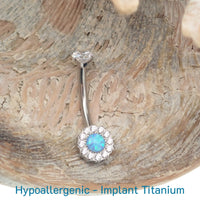 Clear CZ / Azure Blue Opal 10mm Titanium Belly Bar - 14g - Body Clickers Body Jewelry